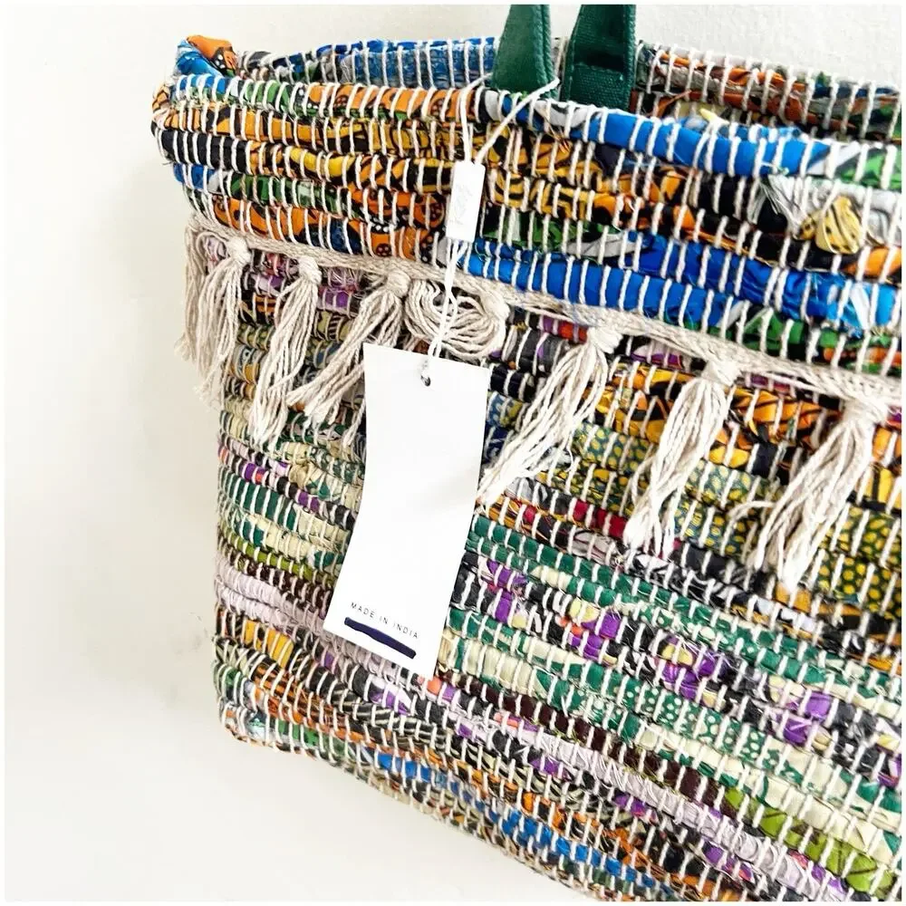 Anthropologie Raj Multicolor Canvas Beach Tote Fringe Tassel NWT